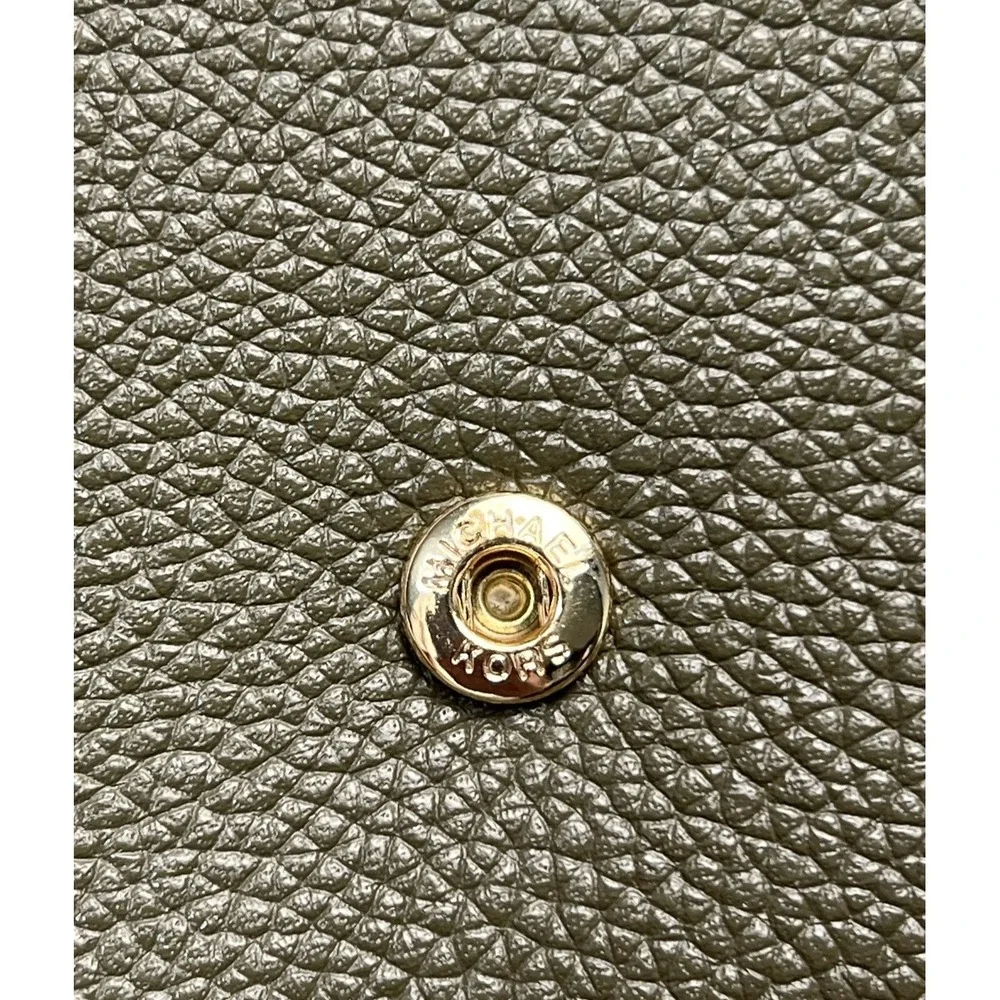 Michael Kors Hayes Small Tri-Fold Wallet Olive Green Pebbled Leather Gold Logo